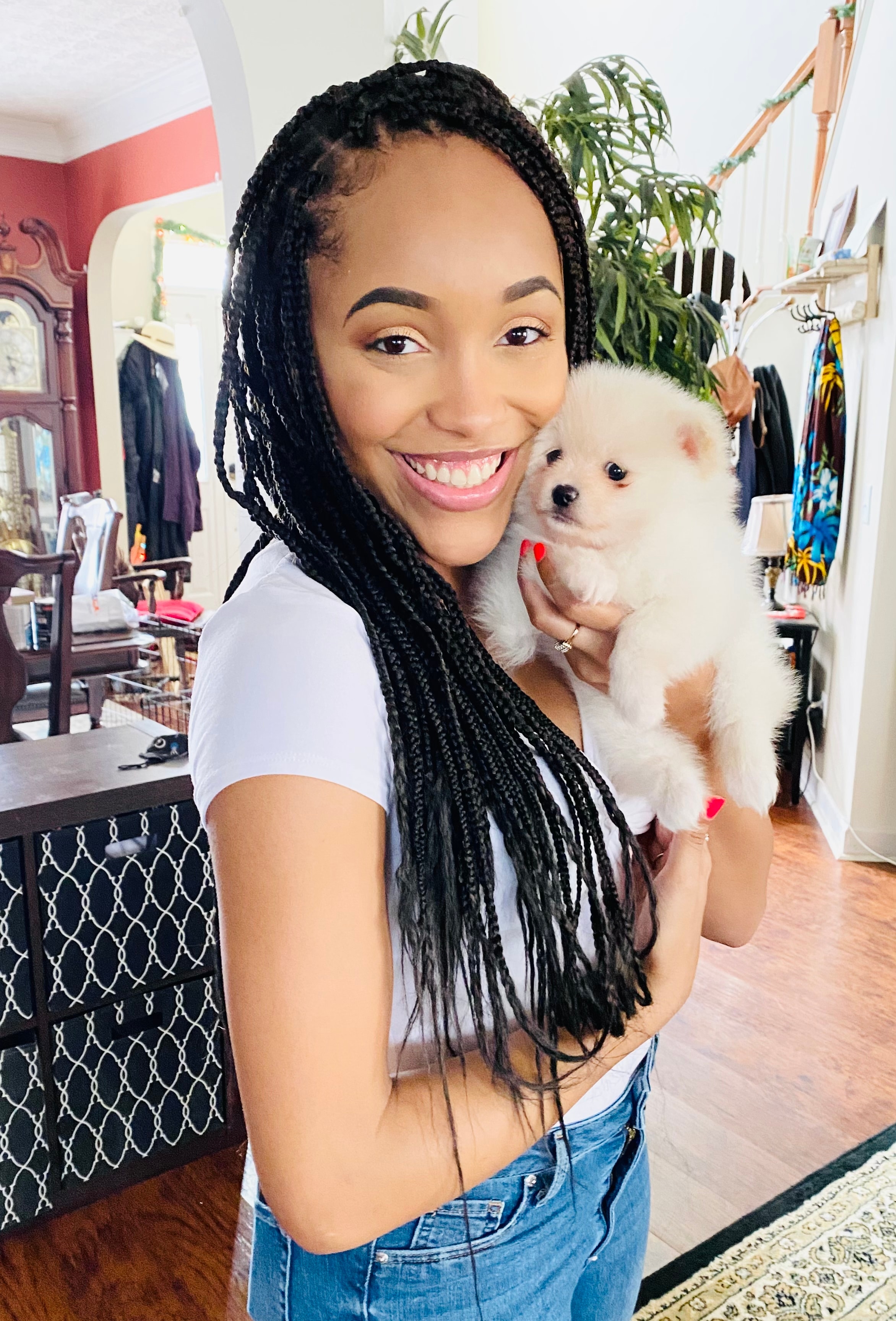 Beautiful woman with braids holding her cream Pomeranian puppy at home from Cream-Puffs