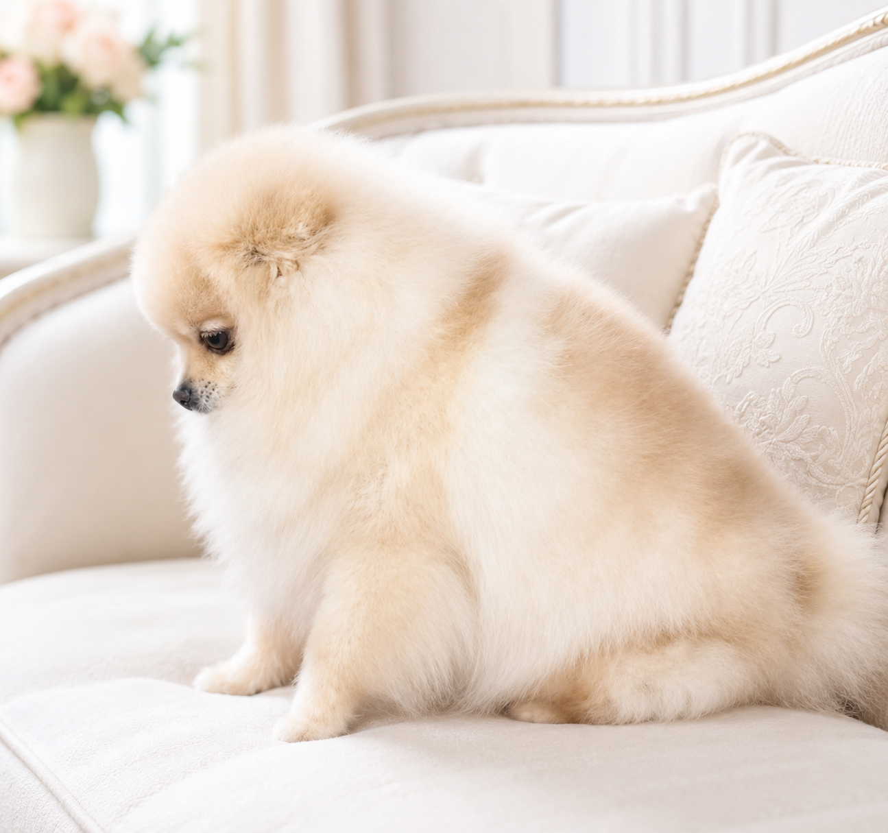 Fluffy cream Pomeranian puppy on elegant sofa — raised in our home at Cream-Puffs Pomeranians